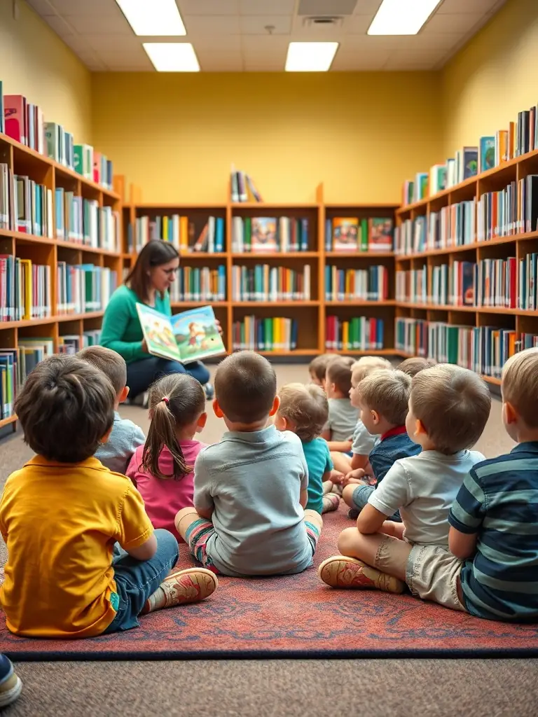 A photograph of children participating in a storytelling session at the Dijon Municipal Library, with a librarian reading aloud from a colorful book.