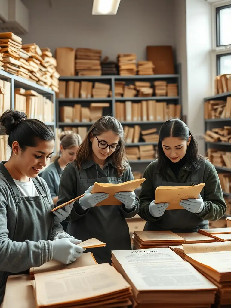 A picture of volunteers assisting with the cataloging of historical documents at the Dijon Archives, showcasing their dedication to preserving local heritage.