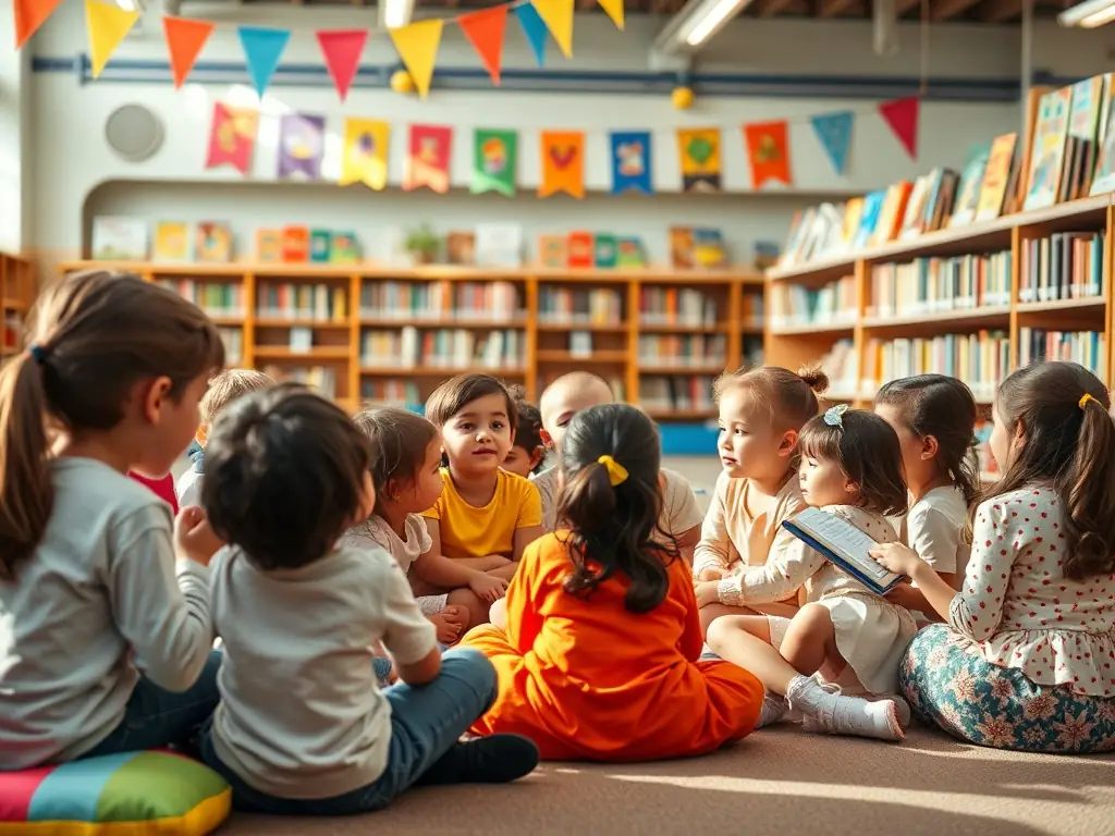 A vibrant image of a children's storytelling session at the Dijon Municipal Library, capturing the joy and engagement of young participants.